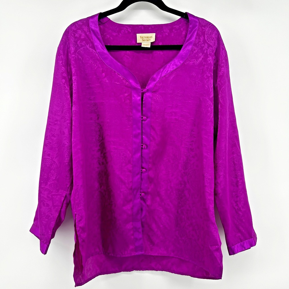 Vtg 90's Victoria's Secret‎ Gold Label Purple Satin Print Night Pajama Shirt EUC
